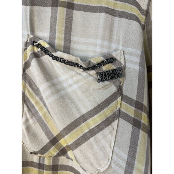 Harley Davidson Womens Snap Front Plaid Shirt Size Large Brown White Embellished - Picture 2 of 8